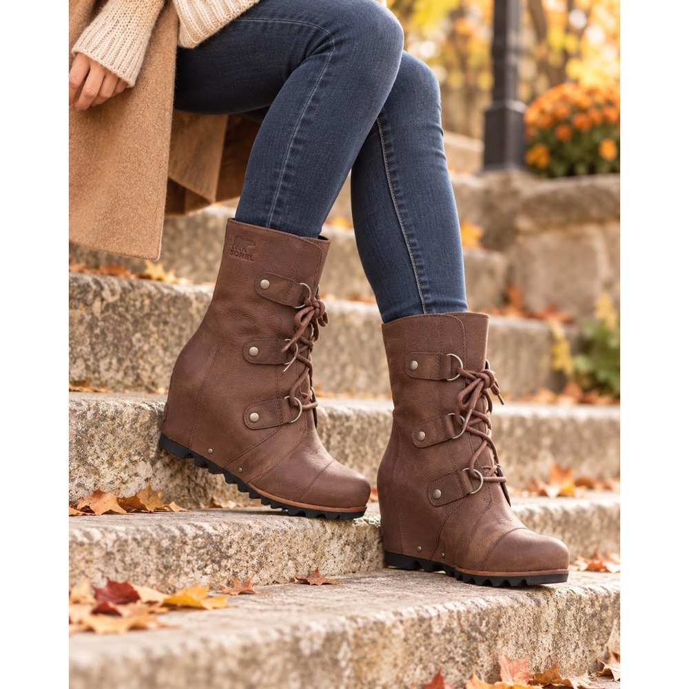 Sorel Joan of Arctic Wedge Mid Waterproof Boots Womens 9 Tobacco Brown Leather